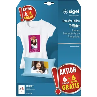 Sigel T1156 Transferpapier Transferfolie Bügelfolie für helle Textilien und Tintenstrahldrucker, 12 Blatt A4