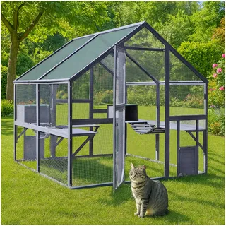 Wiltec Freilaufgehege Katzen 140x187x187cm Katzenfreigehege Holz, Außengehege Verschiedene Ebenen, Katzengehege für Garten, Balkon