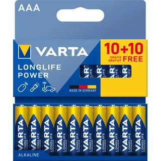 Varta Batterien AAA, 10+10 (20 Stück), Longlife Power, Alkaline, 1,5V, ideal für Spielzeug, Funkmaus, Taschenlampen, Verpackung zu 90% recycelt, Made in Germany
