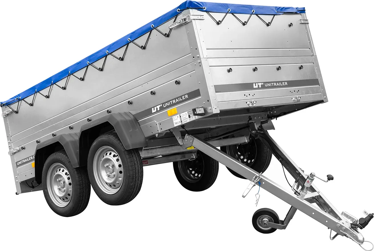 GARDEN TRAILER 264/2 KIPP Zweiachsanhänger mit Stützrad, Planenträgern, zus. Bordwänden und blauer Flachplane