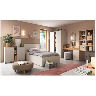 Lomadox Jugendzimmer-Set FIER-129, (Sparset, 7-tlg., Sideboard Bett Kleiderschrank Schreibtisch Regale), in Kaschmir mit Eiche Nb., 7-teilig, grifflos, 140x200cm Liegefläche braun