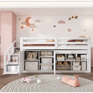 lanki international Kinderbett 90x200cm, Multifunktionales Hochbett mit austauschbar Tisch/Schrank/Treppen/Leiter Bett mit Stauraum für Kinder Mädchen Jungen, Einzel...