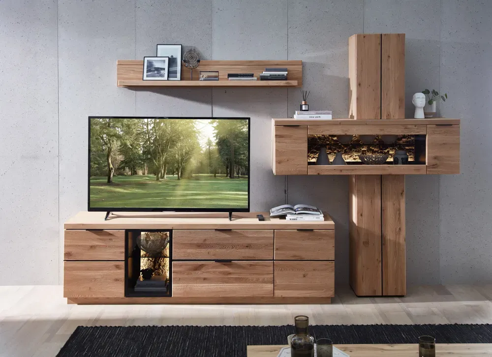 Wohn-Concept Donna TV-/Wohnwand Wildeiche Massivholz/Echtkork Bianco furniert