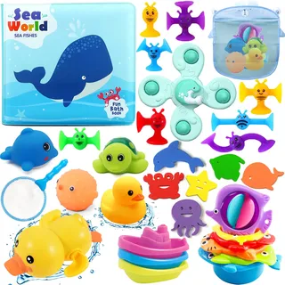 Chennyfun Badespielzeug Wasserspielzeug, 32Pcs Kinder Badewanne Spielzeug mit Fischernetz, Badewannenspielzeug Baby Kinder Spielzeug-Gummi-Ente, Schildkröte, Delfin für 3+ Babys