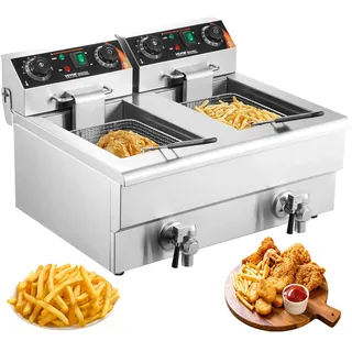 Vevor Kommerzielle Fritteuse 2 x 8 L, Elektrische 3 kW Tischfritteuse mit Doppeltank & Korb, Doppel-Ölfritteuse aus Edelstahl, Zeit- und Temperaturregelung, für Küche Restaurants