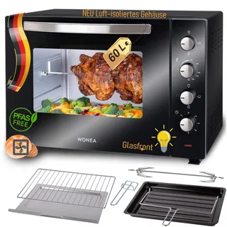 Minibackofen 60 Liter 2000 Watt Minibackofen mit Umluft, Mini Backofen mit Luft-isoliertem Gehäuse, Krümelblech, XXL Minibackofen mit Drehspieß, Minibackofen mit Licht, Pizzaofen, Backofen für Camping