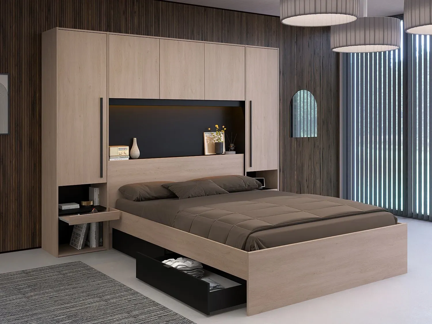 Bett mit Bettüberbau, Stauraum & LEDs + Lattenrost - 160 x 200 cm - Naturfarben & Schwarz - VELONA