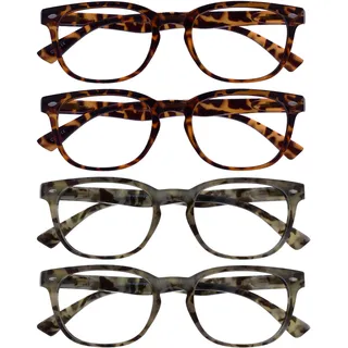 OPULIZE ORA Lesebrille für Damen Herren, Designer Stil, Leser mit Federscharnier, Rechteckiger Rahmen, 4er-Pack Braun & Grau Schildpatt +1,00