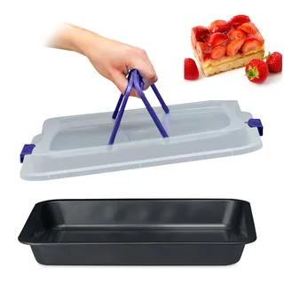 Relaxdays Backblech mit Deckel, 3 in 1 Kuchen Transportbox, BT 40,5 x 32,5 cm, Backform, Transporthaube, schwarz/blau