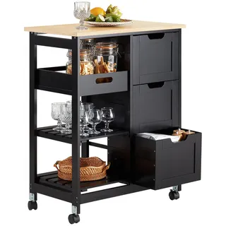 SoBuy Servierwagen mit Rollen mit 2 Ablagen und 1 Tablett Beistellwagen Rollwagen Für Küche, Wohnzimmer Schwarz Holzwerkstoff, Holz, 68x85x38 cm Esszimmer, Servierwagen