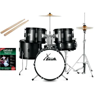 XDrum Kinderschlagzeug Junior Pro,Komplettes Drumset, Inkl. Drumsticks, Fußmaschine & Schlagzeughocker, Kesselgrößen: Bass Drum 16", Snare Drum 12", Zwei Tomtoms 10" & 11" schwarz