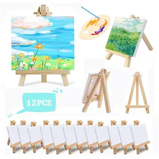 ZEUOPQ Mini Staffelei 12 Stück Mini Leinwand mit Mini Staffelei, Mini Holz Dekoration, für Display, Fotos, Visitenkarten, Fotoalben, Malhandwerk
