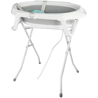 Faltbare Babybadewanne XXL mit Ständer, Kissen und Entwässerungssystem, 0-3 Jahre, 2-in-1 Babybadewanne auf Fuß, platzsparend (Grau mit Ständer, 66 x 61 x 82 cm)