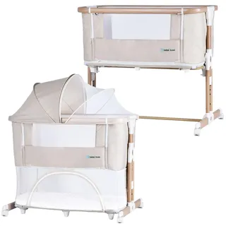 bebe2luxe Leo : 4 in1 Baby Bett ab Geburt bis 15 kg, Zustellbett 5 Höhenverstellung, mit Matratze/Faltbare Seitenwand/Räder, Netzgewebe Kinderbett, mit Laufgitterfunktion,... (Beige)