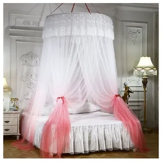 BTTO Moskitonetz Kuppel Moskitonetz Himmelbett Lichterketten Vorhänge für Queen King, Insektenschutz für Kinder Mädchen Betthimmel rosa