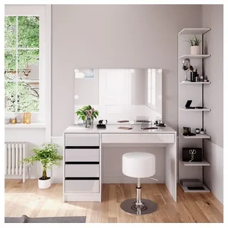 Vicco Schminktisch Sherry Weiß 4 Teile, mit Aufbewahrungsregal Spiegel, Hocker, LED