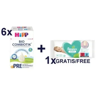HiPP Pre BIO Combiotik Anfangsmilch 6x600g plus 1xPampers sensitiv Feuchttücher