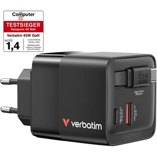 Verbatim GaN Charger 65W Retractable, Schwarz