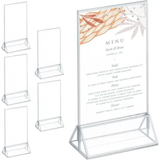Relaxdays Tischaufsteller 6er Set, Thekenaufsteller DIN A6, Hochzeit, für Menükarten u. Fotos, Acryl, transparent/Silber