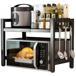 Refined Living Standregal Verstellbares Mikrowellenregal 40–60 cm, mit 6 Haken,Ablageregal Küche, ausziehbares Küchenregal, Höhenverstellbarer Mikrowellen- & Toasterständer, platzsparender Arbeitsplatten-Organizer, belastbarer Küchenaufbewahrungsständer in Schwarz, Küchenregal verstellbar, Gewürzregal groß, Küchen Organizer, Metallregal schwarz, Küchen Ordnungssystem 1-tlg., für Küche, Bad, Wohnzimmer, Kleiderschrank schwarz