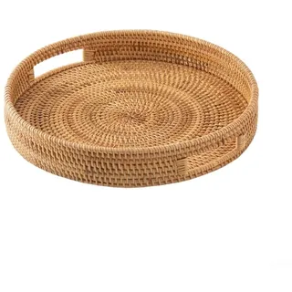 Gewebtes Rattan-Tablett, Serviertablett, großes Korbgeflecht, Ablagetablett mit einfachen Tragegriffen für Obst, Abendessen und Brot (30 cm)
