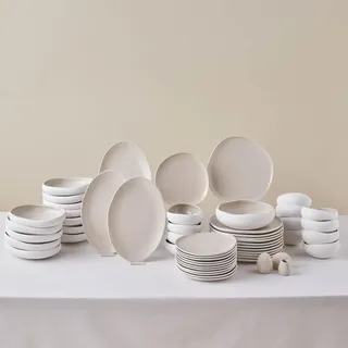 KARACA Earth Collection New Cupid 55-teiliges Steinzeug-Geschirrset für 12 Personen, Cremefarbene Teller- und Schüssel-Set, spülmaschinen- und gefrierschrankfest, Komplettes Geschirrset