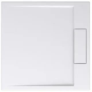 doporro Duschtasse Duschwanne 90x90x4 flach Mineralguss in Weiß DIN-Anschlüsse für bodengleiche Montage geeignet Geoma04