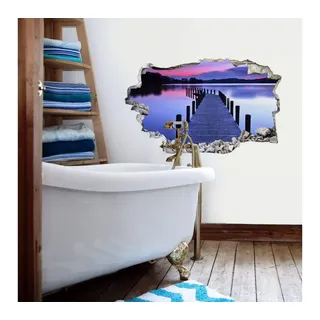K&L Wall Art Wandtattoo 3D Wandtattoo Aufkleber Badezimmer See Panorama Wandsticker Wellness, Mauerdurchbruch Wandbild selbstklebend lila 60 cm x 36 cm