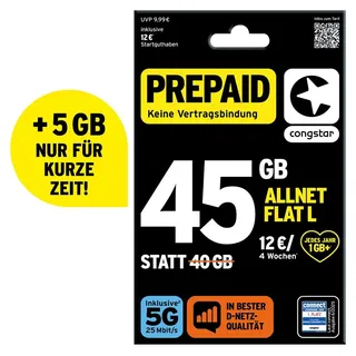 congstar Prepaid Allnet L: 45 statt 40 GB Datenvolumen & Flatrate für Telefonie und SMS, 5G-Speed, EU-Roaming
