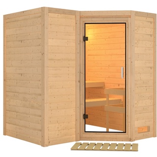 Karibu Sauna Sahib 1 Eck,ohne Zubehör klarglas Ganzglastür inkl. 8-teiligem gratis Zubehörpaket (Gesamtwert 191,92€)