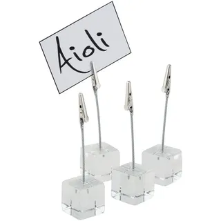 APS Kartenhalter 4er Set, transparente Kartenständer, Fotohalter mit Klemme, Acryl Kartenhalter, inklusive Zwei weißer Beschriftungskarten, Ø 3 cm, 12 cm