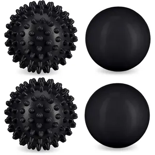 Relaxdays Massageball 4er Set, Igelball & glatter Lacrosse-Ball, Ø 6,5 & 6 cm, Selbstmassage, Faszienball hart, schwarz