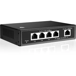 5 Port Gigabit PoE Switch mit 4 PoE+ Ports 65W & 1 Uplink Port, IEEE 802.3af/at, QoS, 250m Ausbau, Plug-and-Play, Desktop/Wandbefestigung