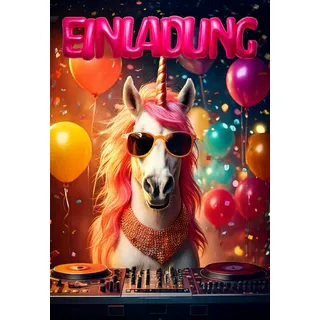 TheMunique® Einhorn glänzende Einladungen Kindergeburtstag Mädchen und Jungen – 12 Stück – Lustige Party Tiere Geburtstag Einladungen mit besonderem Glanzlack – Einladungskarten Kids & Teenies