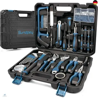 Sundpey Werkzeugkoffer Gefüllt 148tlg - Haushalts-Werkzeugkasten mit Ratschenschraubendreher, Sechskantschlüssel, Zangen & Spannungsprüfer für Männer und Frauen Blu