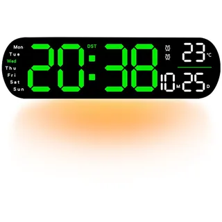 Creperture Wanduhr Digital, 35cm LED Wanduhr großem Display 9 Einstellbare Helligkeit, Woche, Temperatur, Speicherfunktion Wanduhr für Küche, Wohnzimmer, Schlafzimmer, Büro,Grün