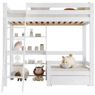 Merax Etagenbett, 90x200cm mit Regal und Leiter Massivholz Kinderbett mit Rausfallschutz weiß