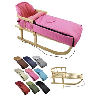 Kombi-Angebot [Holz-Schlitten + universaler Winterfußsack 108cm] Rodel mit Rückenlehne und Zugseil Fußsack geeignet für Babyschale Kinderwagen Buggy mit Thermofleece (pink)