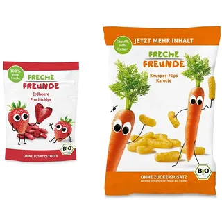 FRECHE FREUNDE Bio Fruchtchips "100% Erdbeere", gefriergetrocknet Obst Chips Erdbeere (12 x 12 g) & Neu Freche Freunde Bio Knusper-Flips Mais & Karotte, Bio Knabberzeug, ab 1 Jahr, (9x30g) 270g