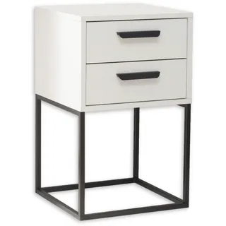 Stella Trading SUNA Nachttisch in Weiß - Moderner Nachtschrank mit Schubladen und schwarzem Metallgestell - 40 x 65 x 38,5 cm (B/H/T)