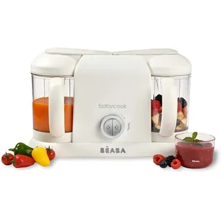 BÉABA - Babycook Duo - 4 in 1 Babynahrungszubereiter - Schonender Dampfgarer - Schnelles Dampfgaren in 15 Minuten - XXL Fassungsvermögen : 2x200 ml - Weiss/Silber