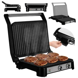 Zeegma GRILL CHEF BASE CONTROL 2-in-1 Elektro-Kontaktgrill und Toaster für Paninis, Toast, Steaks, 2000 W, und schnelles Aufheizen - Silber/Schwarz