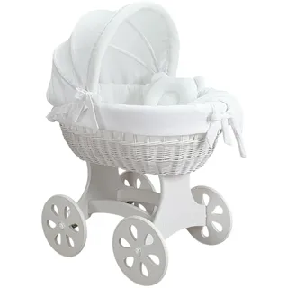 Wiklinopol Stubenwagen, Moseskorb Baby mit Gestell Annabell – Bollerwagen mit Rollen aus Naturweide – inkl. Matratze & 5-TLG. Weiß Musselin-Bettwäsche – Korb: Weiß