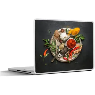MuchoWow Laptop-Aufkleber Gewürze - Teller - Pfeffer - Schwarz - Löffel - Silber, (1tlg), Laptop Folien Cover, Aufkleber, Sticker, Schutz vor Kratzern, 25x18 cm bunt Ø 30.81 cm x 25 cm x 18 cm