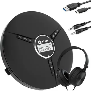 KLIM tragbarer Discman mit Kopfhörer Stereo-CD Player (hochwertiger CD-Spieler für unverwechselbares Hörerlebnis, MP3) schwarz
