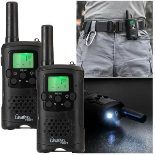 casativo-tech Casativo 2er-Set Profi Akku-PMR-Funkgeräte, Gürtelclip & Taschenlampe, Walkie Talkie mit 10km Reichweite, 8 Kanäle, Ladestation, 8 Stunden Sprechzeit