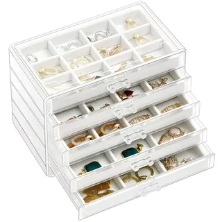 ProCase Schmuckkästchen aus Acryl Schmuckaufbewahrung Jewelry Organizer Schmuckschatulle mit 5 Schubladen Ringe Armbänder Stapelbares Schmucktablett Schmuckkästen- Warmweiß