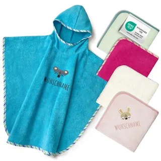 Badeponcho Kinder mit Namen Bestickt, Oeko-TEX® Standard 100 - Personalisiertes Kapuzenhandtuch aus Reiner Baumwolle mit gesticktem Namen und Motiv (Petrol)