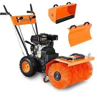 FUXTEC Benzin Kehrmaschine FX-KM196 mit Kehrbesen und 196cc Hubraum inklusive Schneeschieber und Kehrgutsammelbehälter