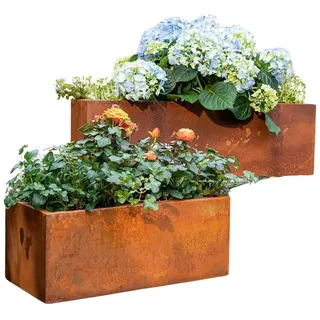 Dekoleidenschaft 2 Pflanzkästen aus Metall in Rost-Optik, Outdoor Blumenkasten, Pflanzkübel, Hochbeet, Garten-Deko für Außen